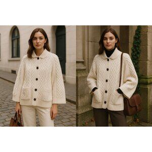 Anthropologie Women Ivory Cable Knit Poncho Sweater XS/S Quiet Luxury Old Money